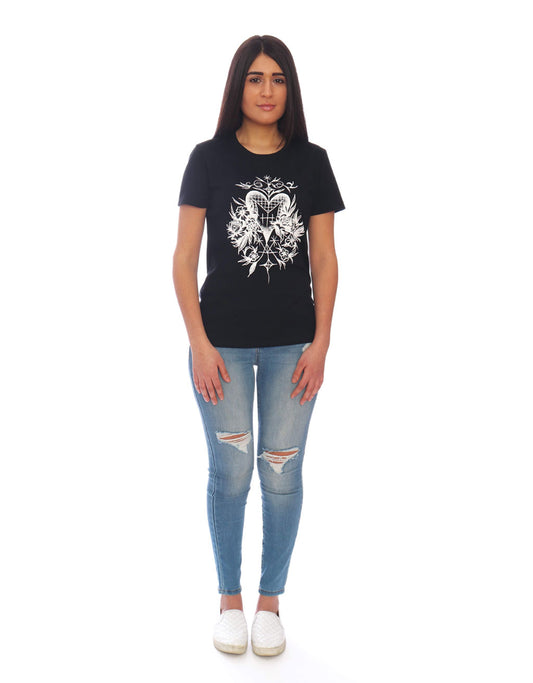 Blooming Love Tee – Black Crewneck Short Sleeves T-Shirt with White Heart Veve Graphic