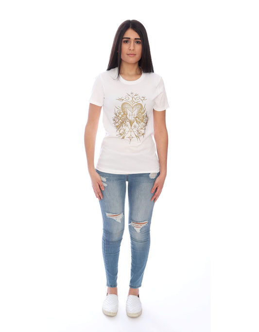 Blooming Love Tee – White Crewneck Short Sleeves T-Shirt with Gold Heart Veve Graphic