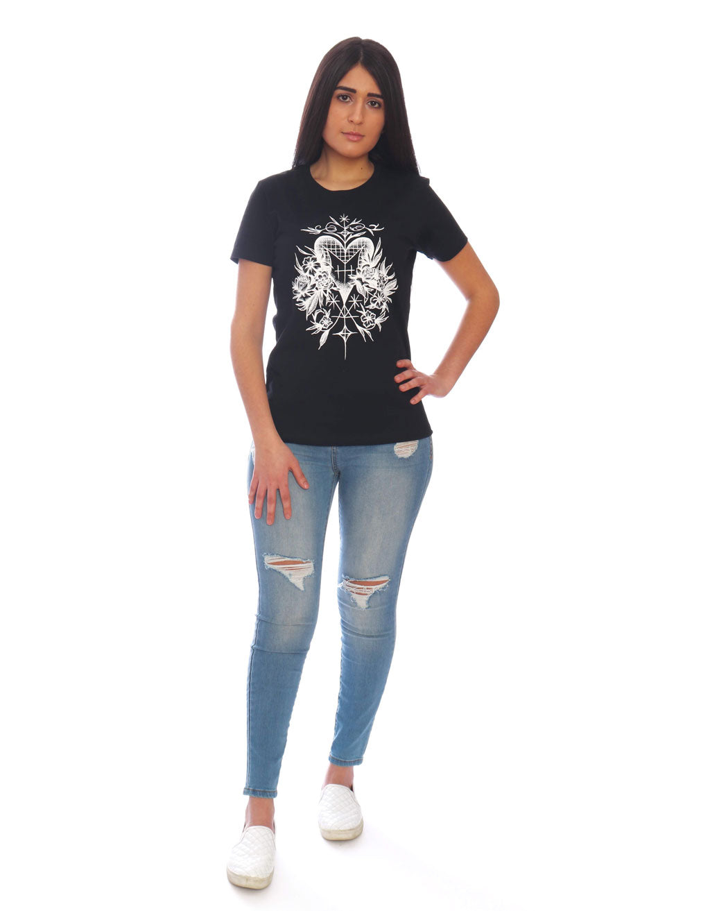 Blooming Love Tee – Black Crewneck Short Sleeves T-Shirt with White Heart Veve Graphic