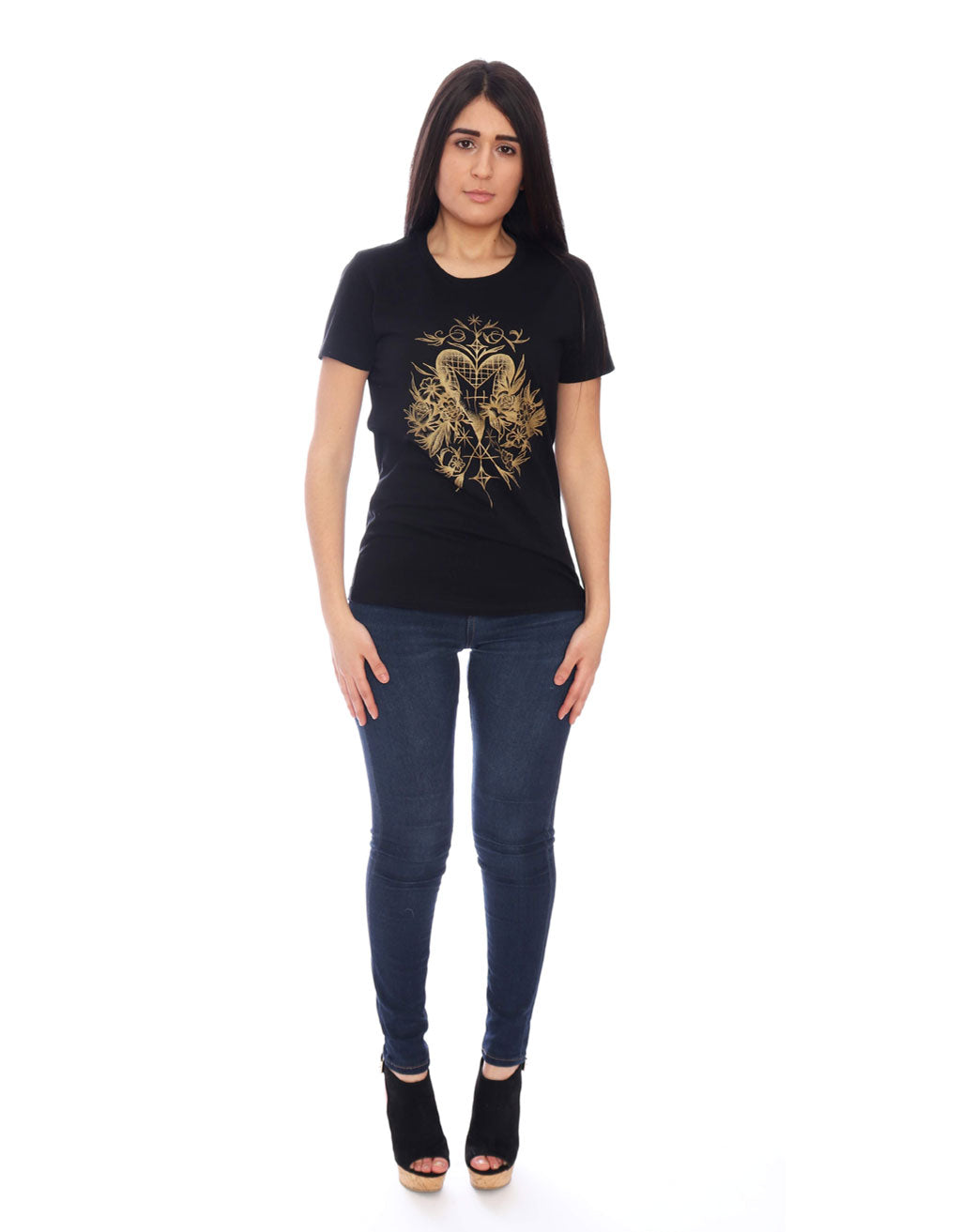 Blooming Love Tee – Black Crewneck Short Sleeves T-Shirt with Gold Heart Veve Graphic