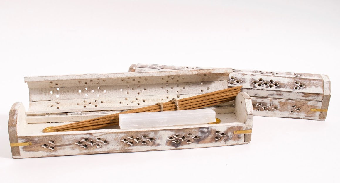 Wooden Box Incense Burner Set – Whitewash +Incense Set