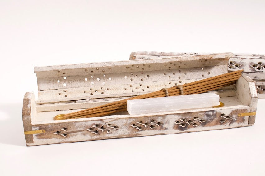 Wooden Box Incense Burner Set – Whitewash +Incense Set