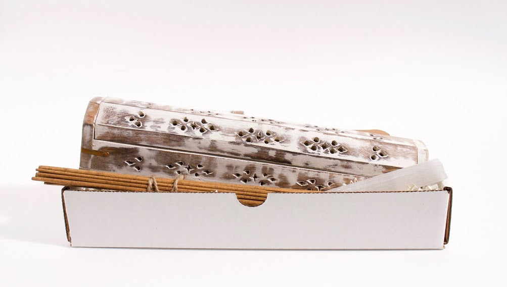 Wooden Box Incense Burner Set – Whitewash +Incense Set